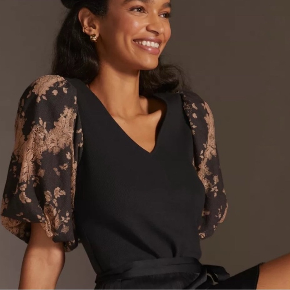 Anthropologie Dolan Black Blouse with Brown Floral Sleeves